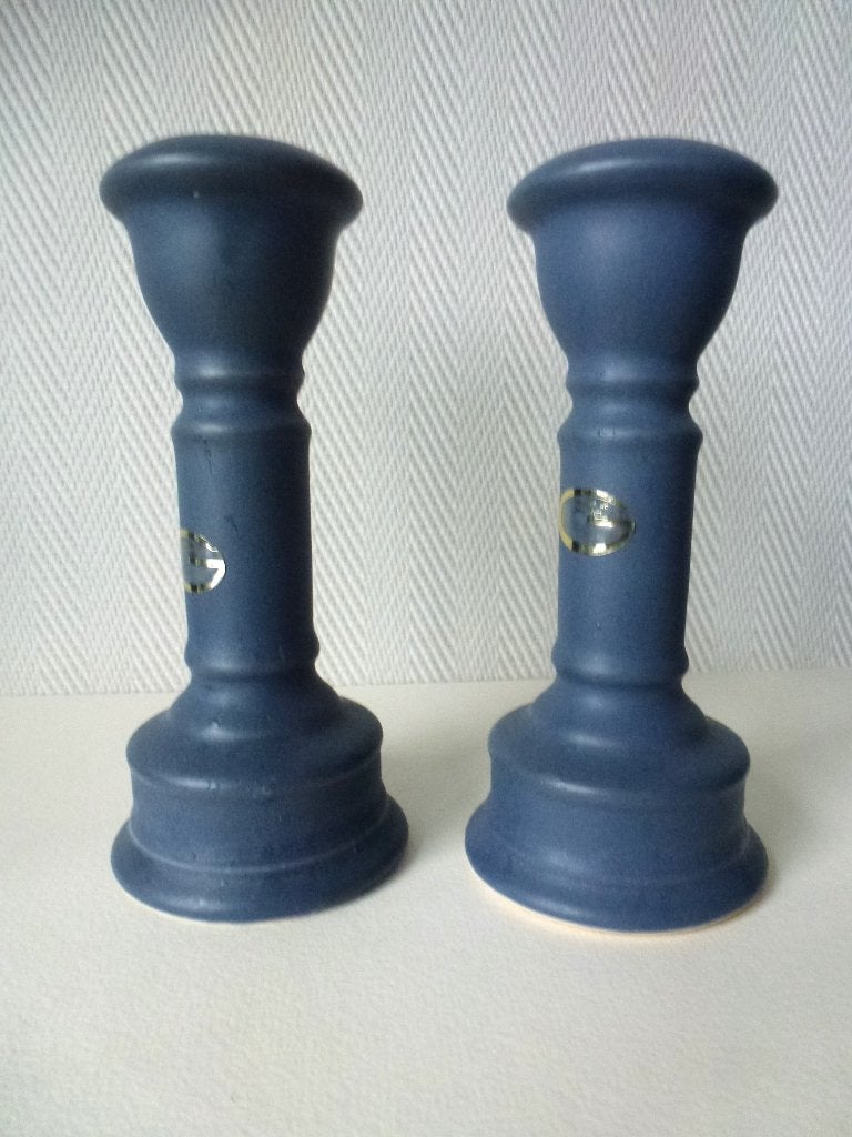 Mat geglazuurde blauwe kandelaars keramiek de Gebroeders, Gebruikt, Blauw, Overige merken, Ophalen of Verzenden