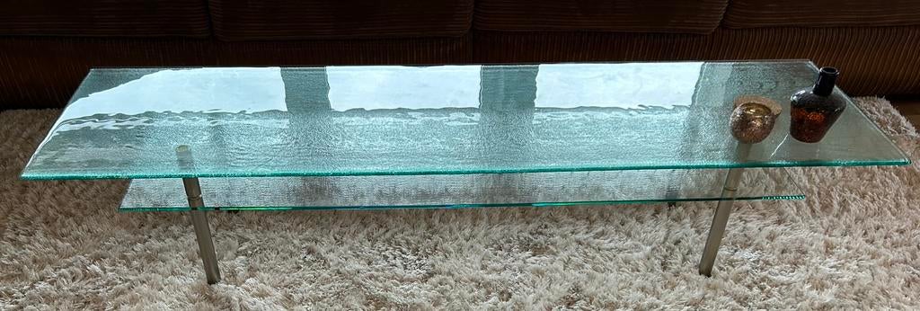 Design glazen salontafel, Ophalen, 100 tot 150 cm, 50 tot 100 cm, Zo goed als nieuw