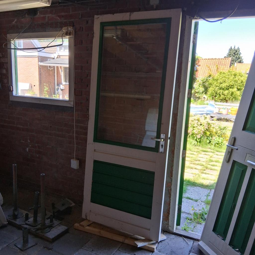 Merbau deur 87,5x210 cm met dubbel glas, cilinder en kruk, Ophalen, Gebruikt, 80 tot 100 cm, Buitendeur