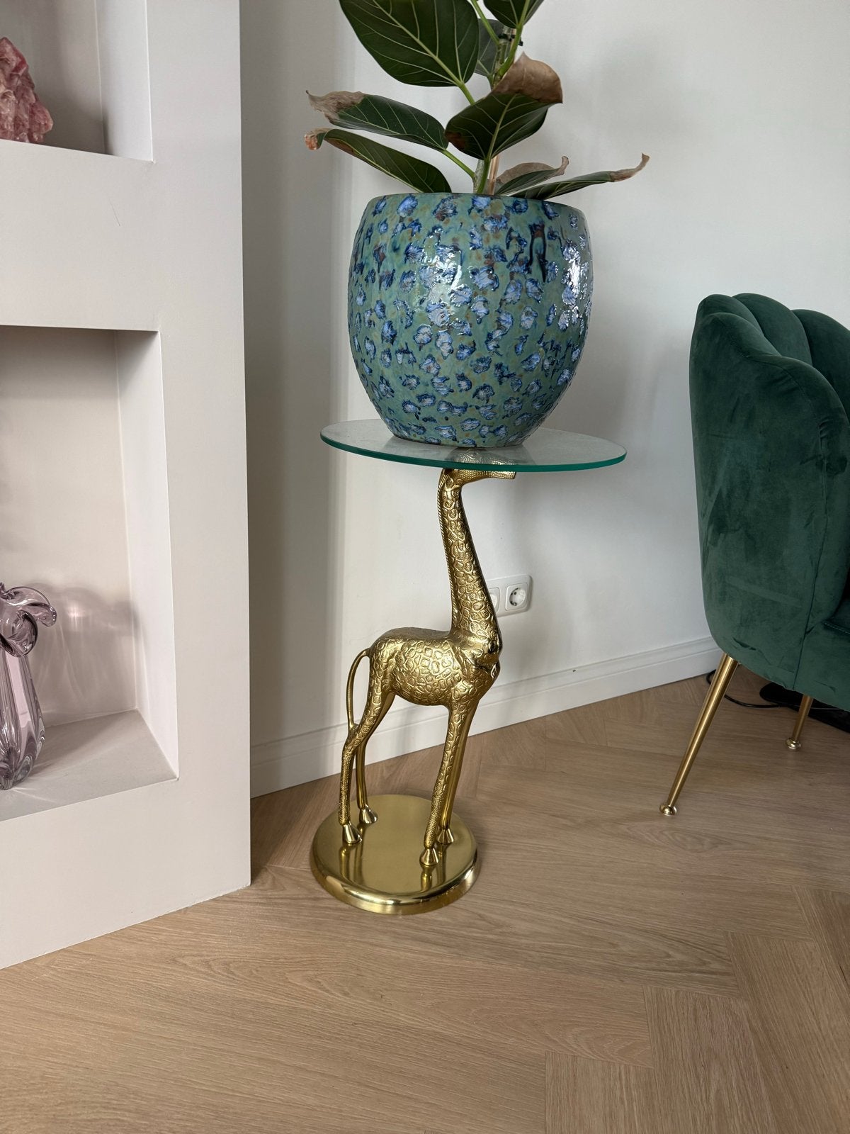 Pols Potten Bijzettafel Giraffe - Goudkleurig met Glazen Bla, Minder dan 55 cm, Gebruikt, Metaal of Aluminium, Rond
