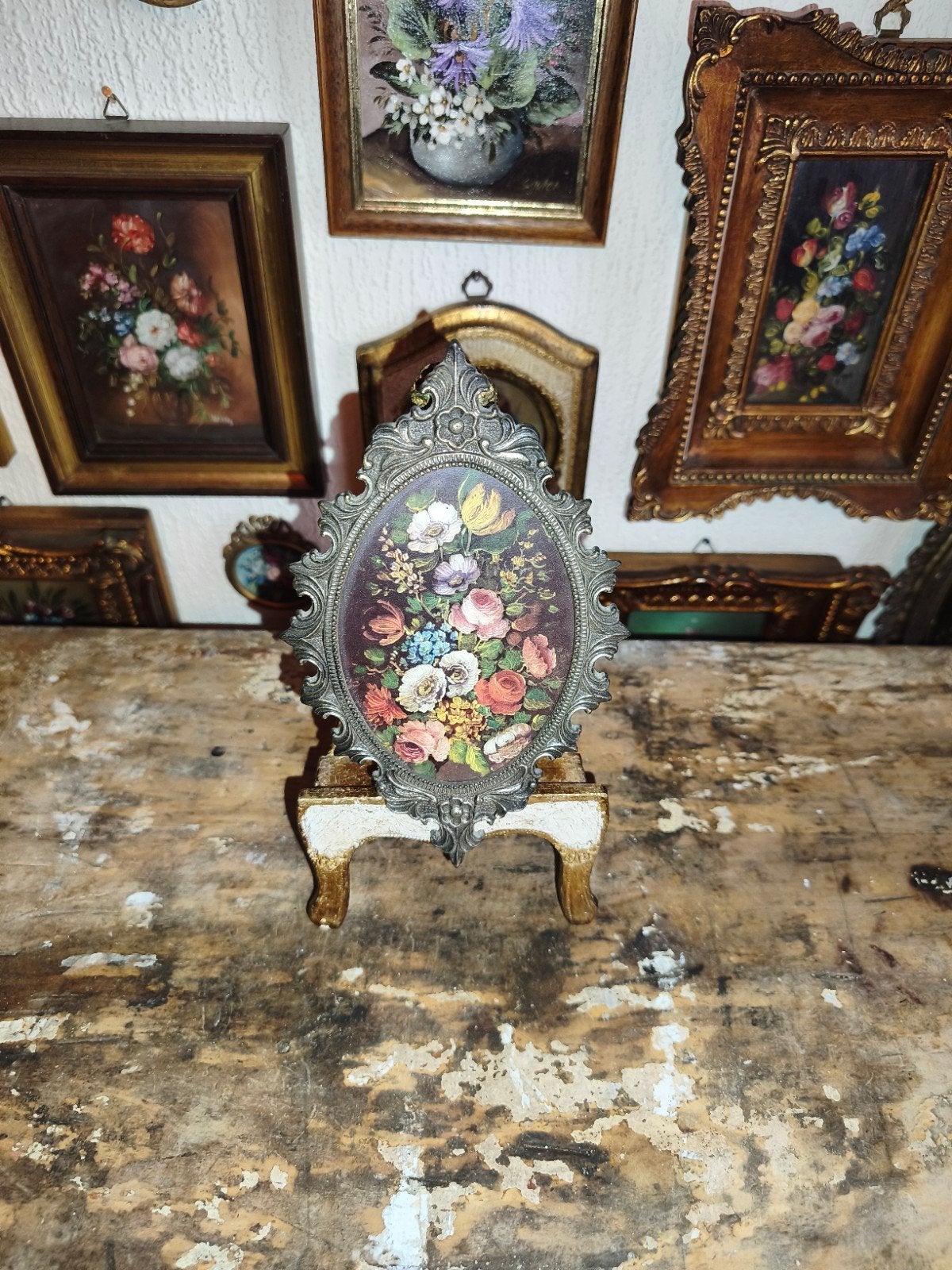 oud schilderijtje schilderij lijst stilleven bloemen Y82, Ophalen of Verzenden
