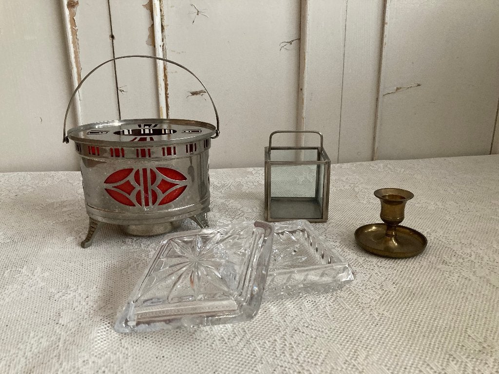 Brocante metalen rechaud - glazen potje - sigarettendoosje, Ophalen of Verzenden