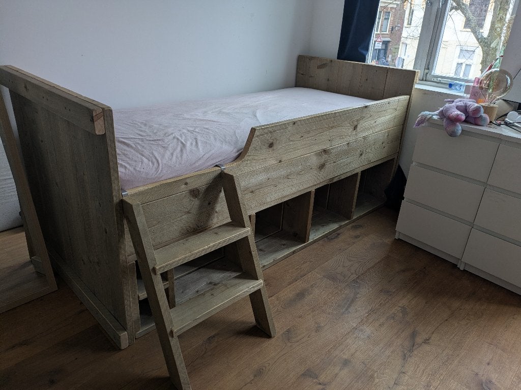 Steigerhouten kajuitbed 90x200 met trap en opbergvakken, Kinderen en Baby's, Kinderkamer | Bedden, 85 tot 100 cm, Gebruikt, 180 cm of meer