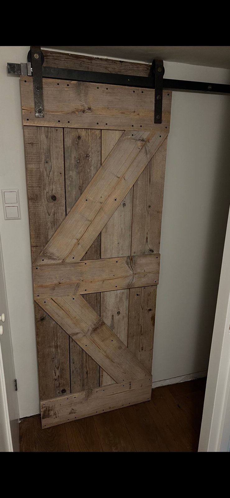 Houten barndeur (schuifdeur) met ophangsysteem, Ophalen, Gebruikt, Minder dan 80 cm, Binnendeur