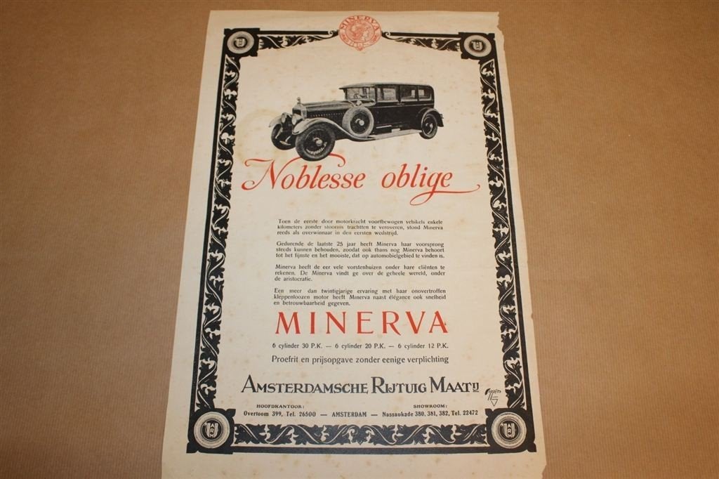 Origineel affiche - Minerva Noblesse Oblige 1928 !!, Ophalen of Verzenden, Gelezen, Overige merken