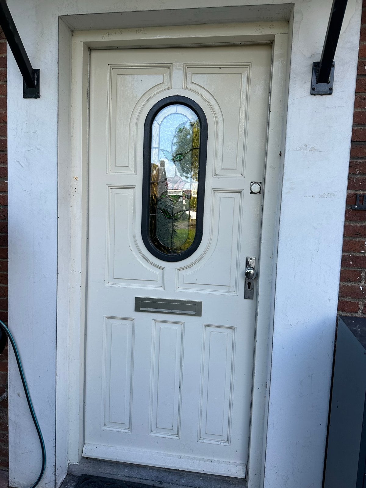 Hardhouten voordeur met glas in lood raampje 208.5x88, Ophalen, Gebruikt, 80 tot 100 cm, Buitendeur