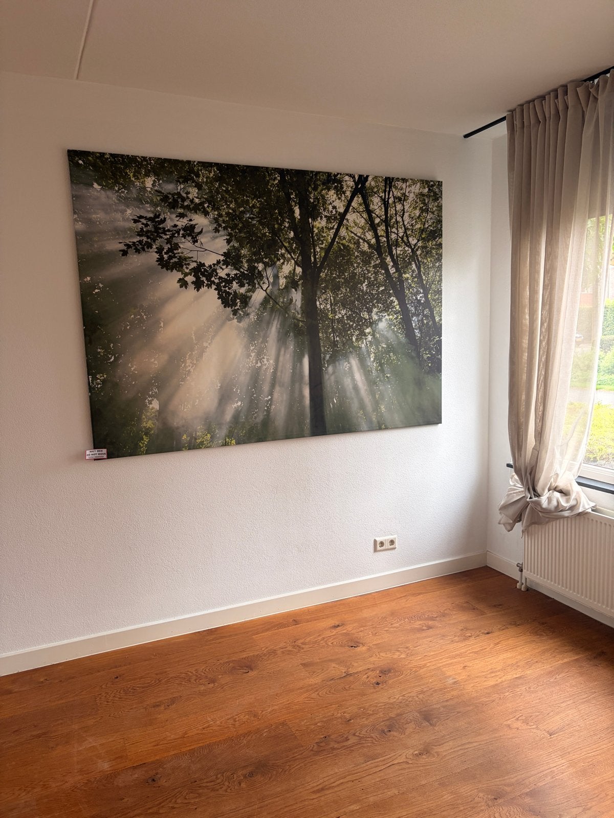 Groot schilderij met bos en zonnestralen, Ophalen, Zo goed als nieuw, Schilderij, 100 tot 125 cm