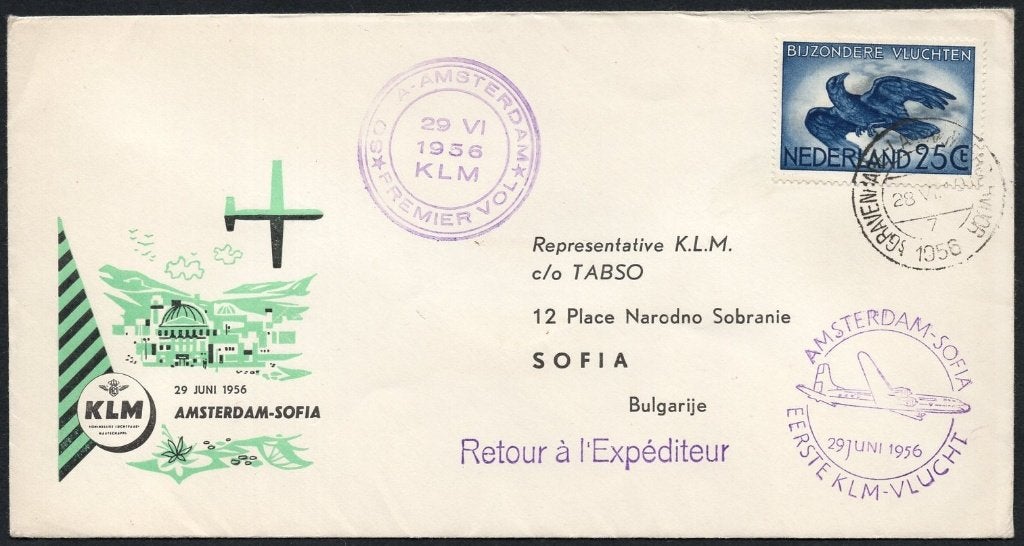 1e KLM vlucht Sofia Bulgarije 1956, Postzegels en Munten, Brieven en Enveloppen | Nederland, Verzenden, Envelop