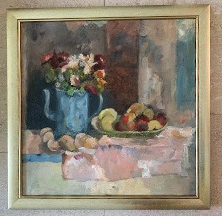 Gevarieerd stilleven op tafel - met potlood R ? Heerkens., Antiek en Kunst, Kunst | Schilderijen | Klassiek, Doek, Stilleven, Impressionistisch