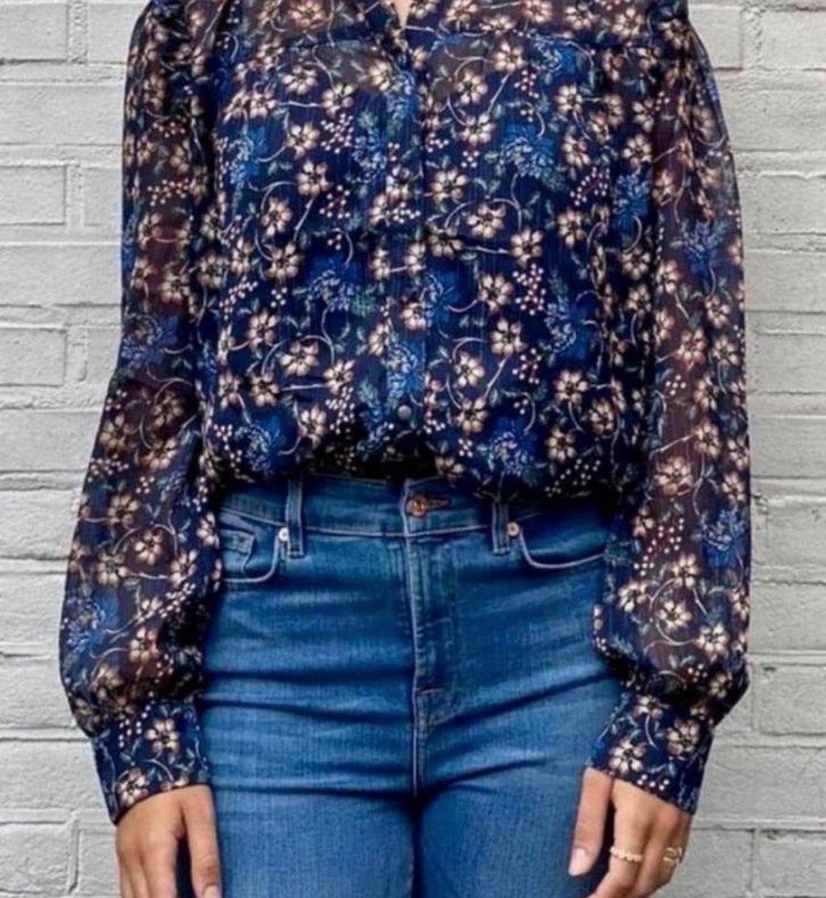 Suncoo donkerblauwe voile bloemetjes blouse met zilverdraad, Ophalen of Verzenden, Zo goed als nieuw, Maat 38/40 (M), Blauw