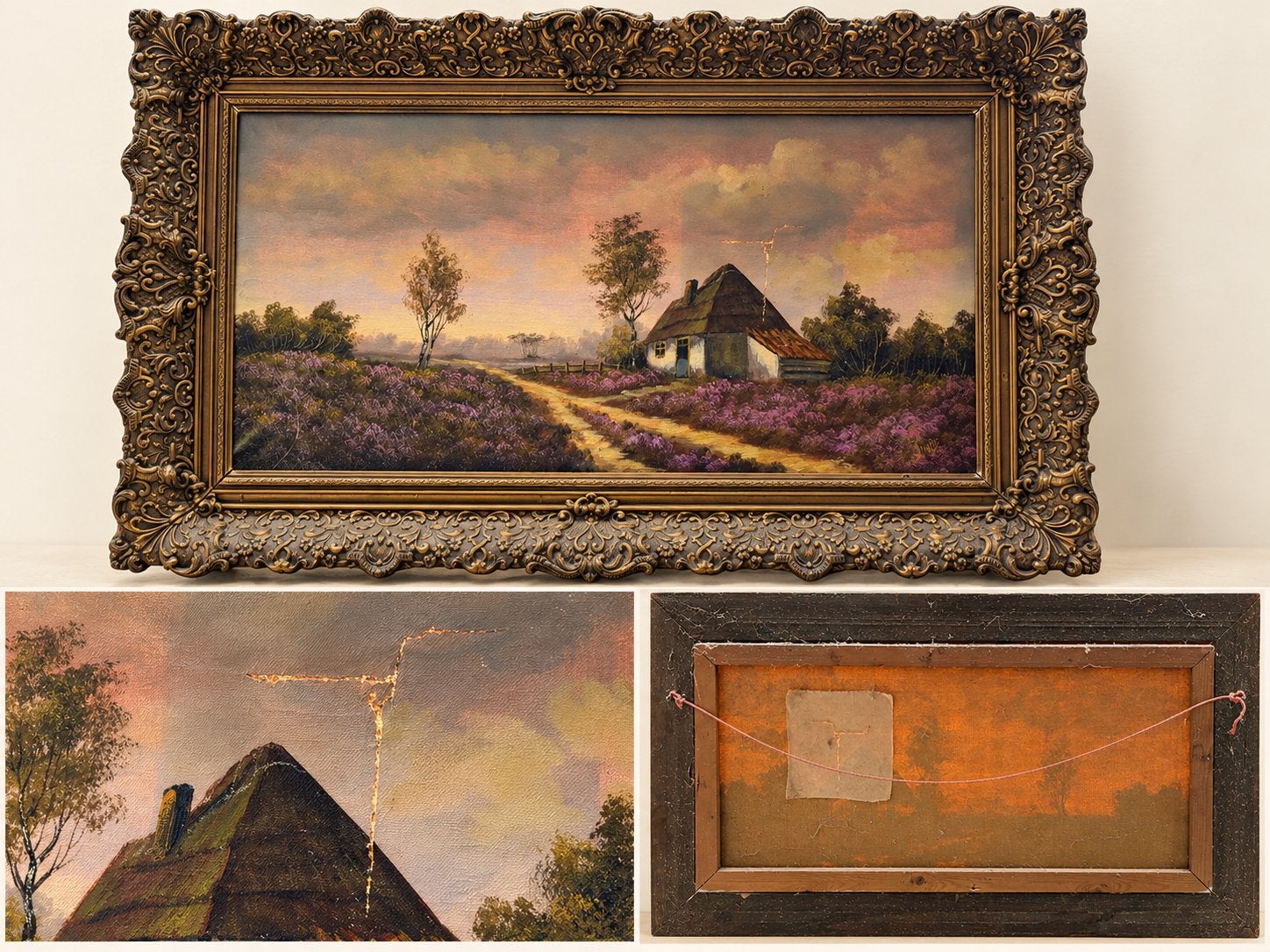 Sfeervol schilderij: Boerderij in heidelandschap, Antiek en Kunst, Doek, Realistisch, Bijzondere lijst, Ophalen of Verzenden