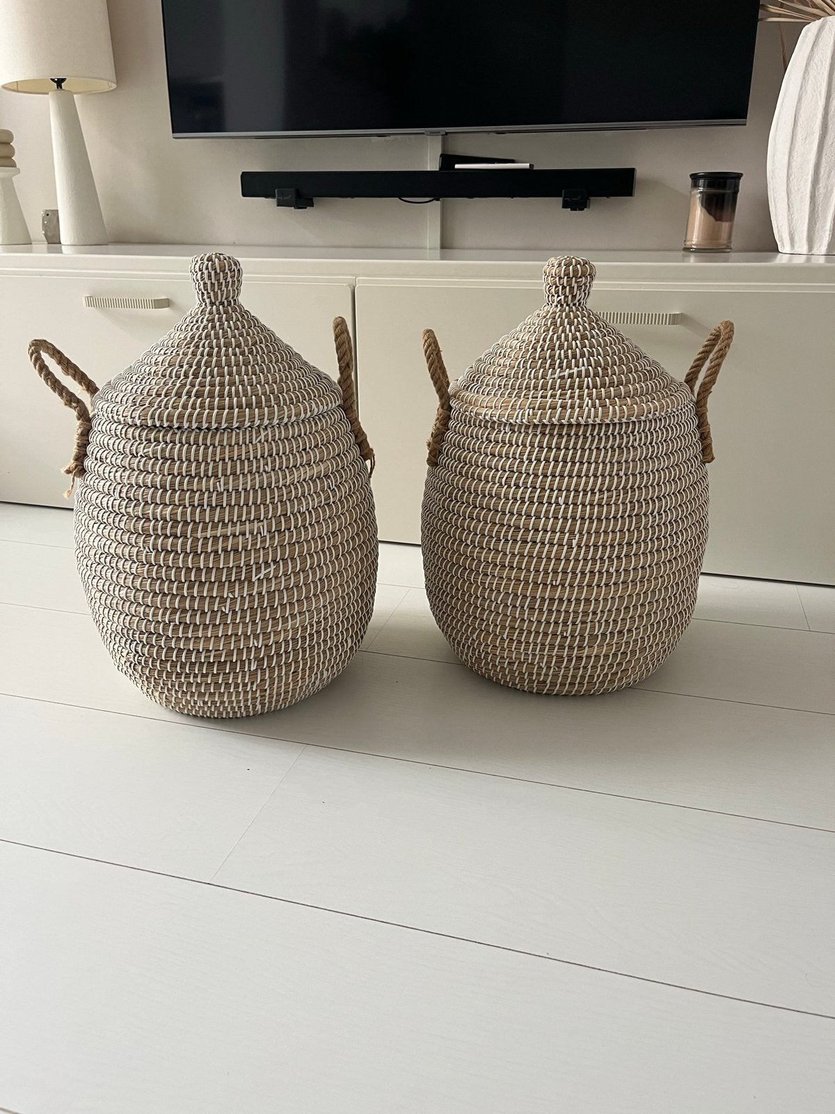 H&M Zeegras Manden set- Deksel en Hengsels Marokkaanse Stijl, Ophalen, Gevlochten, Mand, Rond