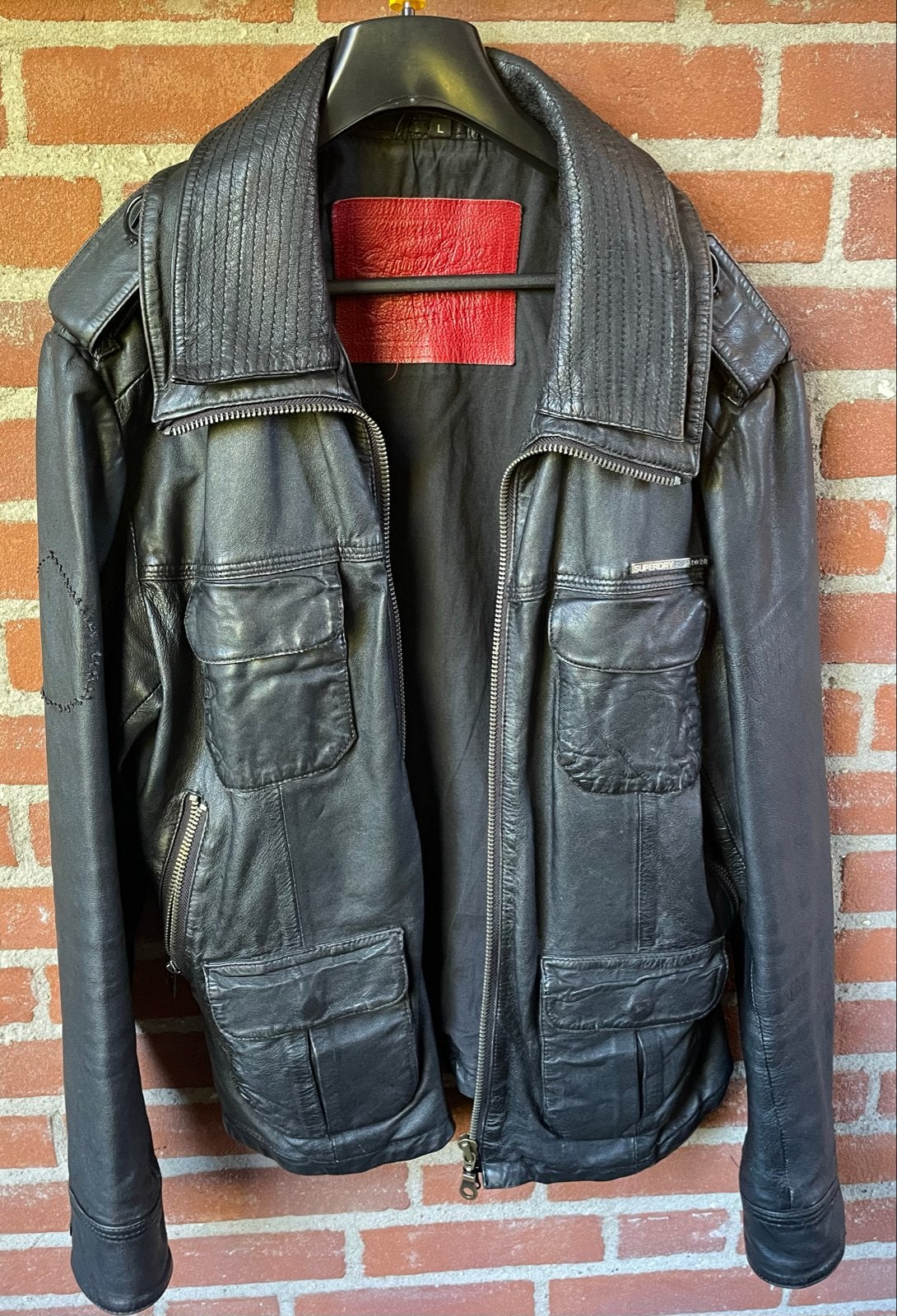 Robuuste Superdry Brad Heren Leren Jas Zwart L- Vintage M-, Ophalen of Verzenden, Gedragen, Maat 52/54 (L), Zwart