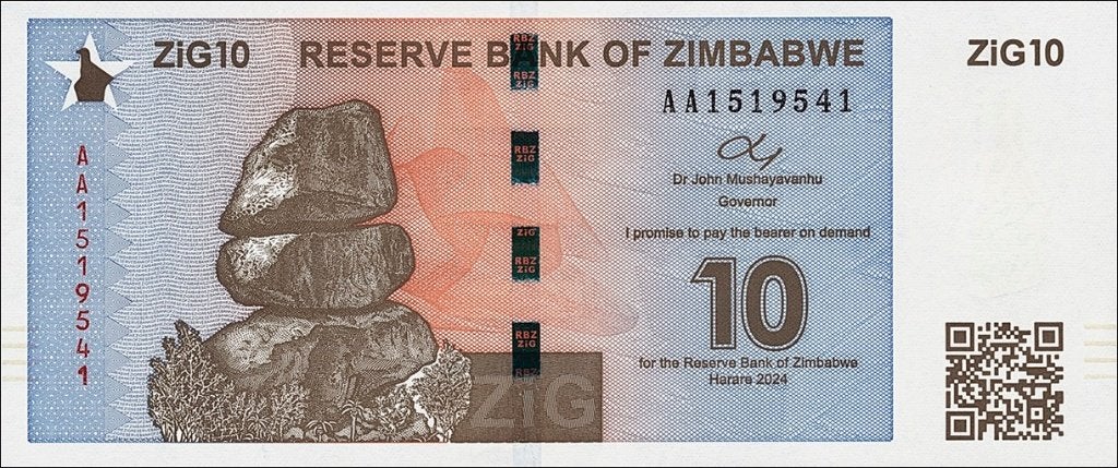 Zimbabwe bankbiljet 10 ZiG (Zimbabwe goud) 2024, Pick 110, Ophalen of Verzenden, Zimbabwe, Los biljet