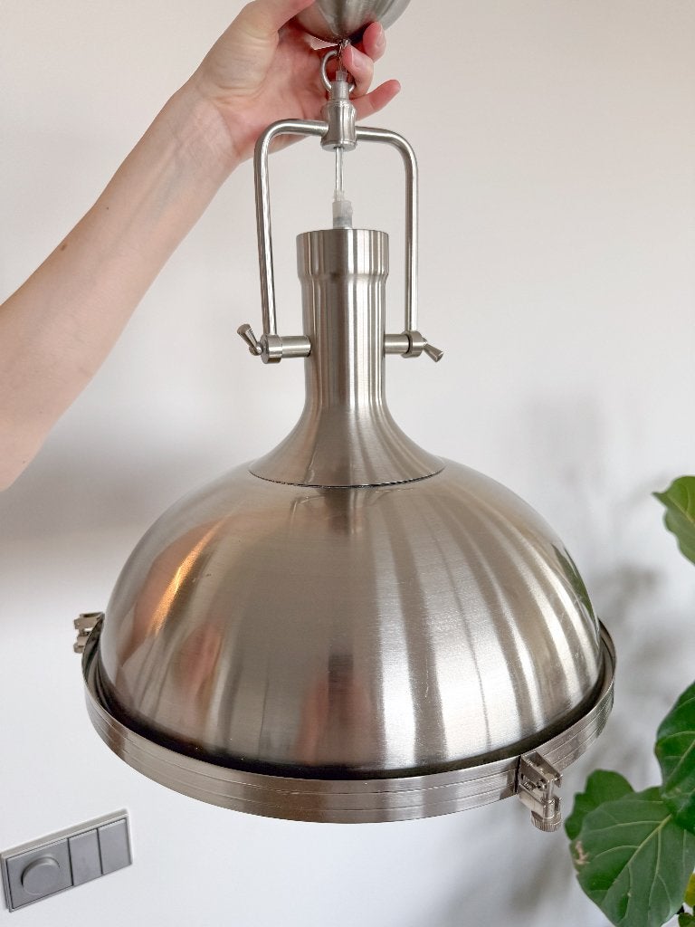 Hanglamp Industriële look 'Smidse' – Metaal/RVS – E27, Huis en Inrichting, Lampen | Hanglampen, Ophalen, Zo goed als nieuw, Glas