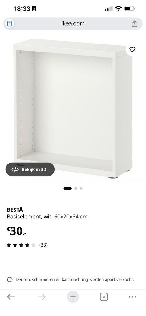 3x IKEA Besta basiselement wit 60x20x64 cm, Ophalen, Gebruikt, 50 tot 100 cm, Minder dan 25 cm