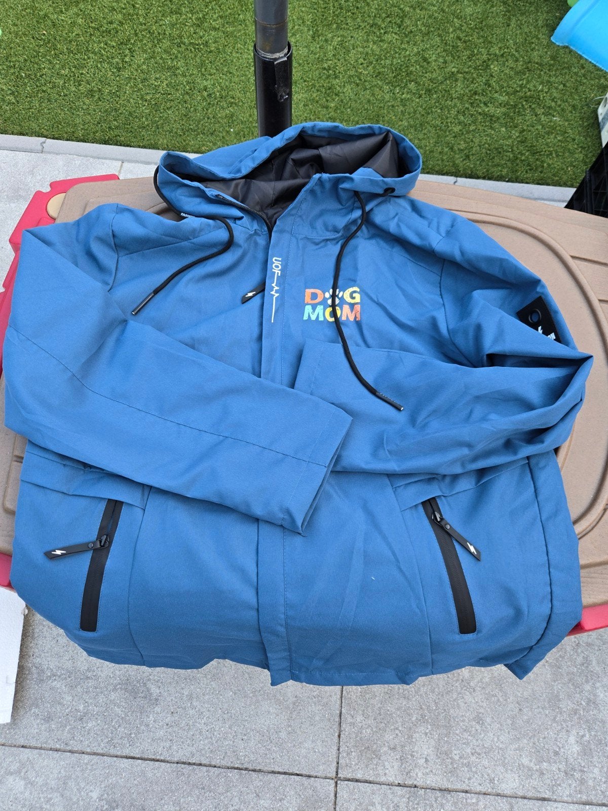 Blauwe 'Dog Mom' jas met capuchon, Blauw, Maat 46/48 (XL) of groter, Ophalen of Verzenden, Onbekend