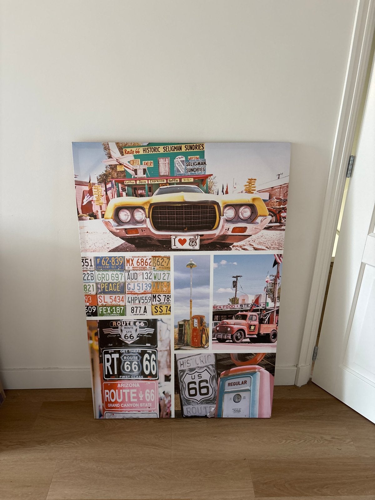 Route 66 Canvas Schilderij - Vintage Auto & Borden, Huis en Inrichting, Ophalen, Zo goed als nieuw, Schilderij, 75 tot 100 cm