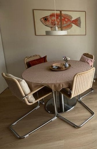 Metaform Orfis glazen eettafel met 4 Tecta D41 stoelen, Ophalen, Gebruikt, 100 tot 150 cm, Rond
