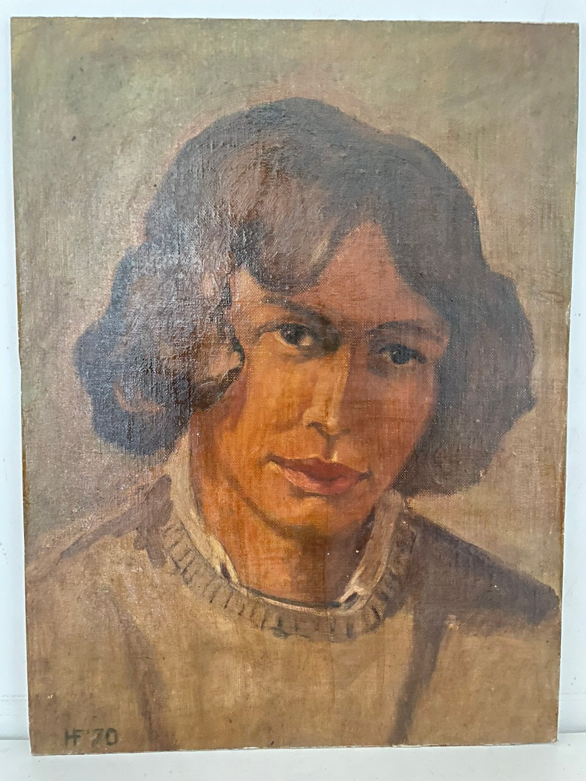 Vintage olieverf schilderij portet man (1970) - Monogram HF, Antiek en Kunst, Kunst | Schilderijen | Klassiek, Paneel, Portret of Personen