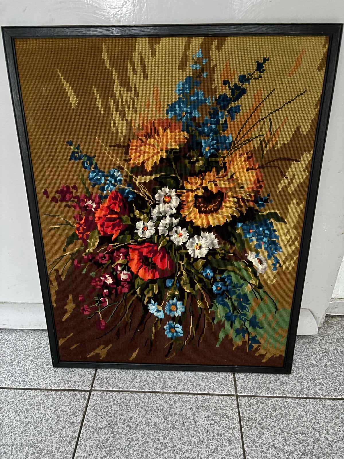 Geborduurd retro vintage schilderij 73x58 cm met lijst, Ophalen, 50 – 75, Zo goed als nieuw, Schilderij