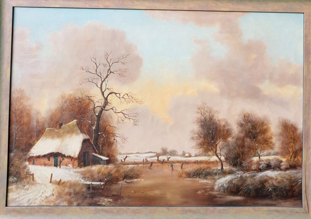 Romantisch Winterlandschap Olieverf Schilderij, Gesigneerd, Ophalen of Verzenden