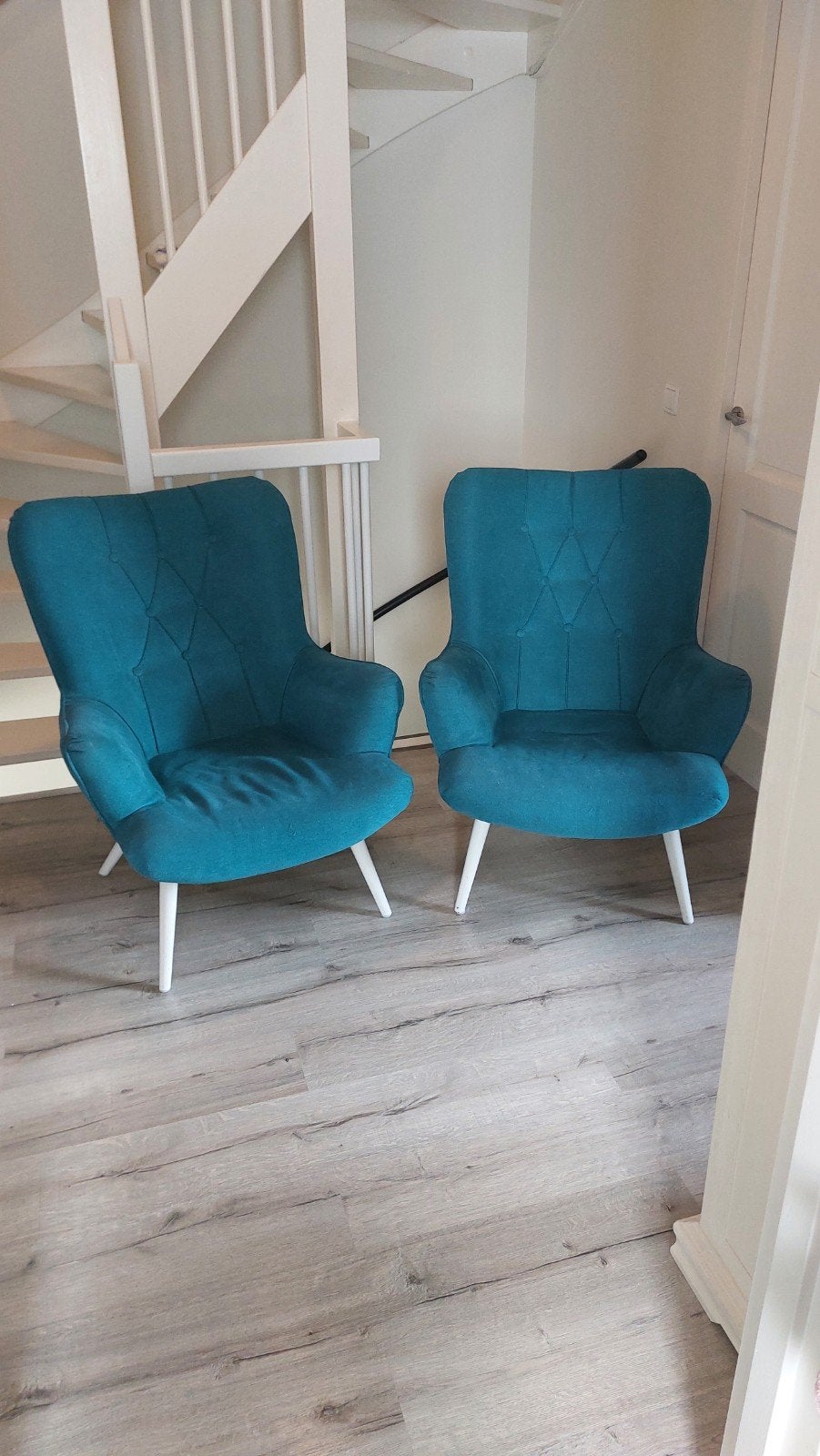 Twee comfortabele fauteuils in turquoise stof, Huis en Inrichting, Ophalen, Gebruikt, Twee, Overige kleuren