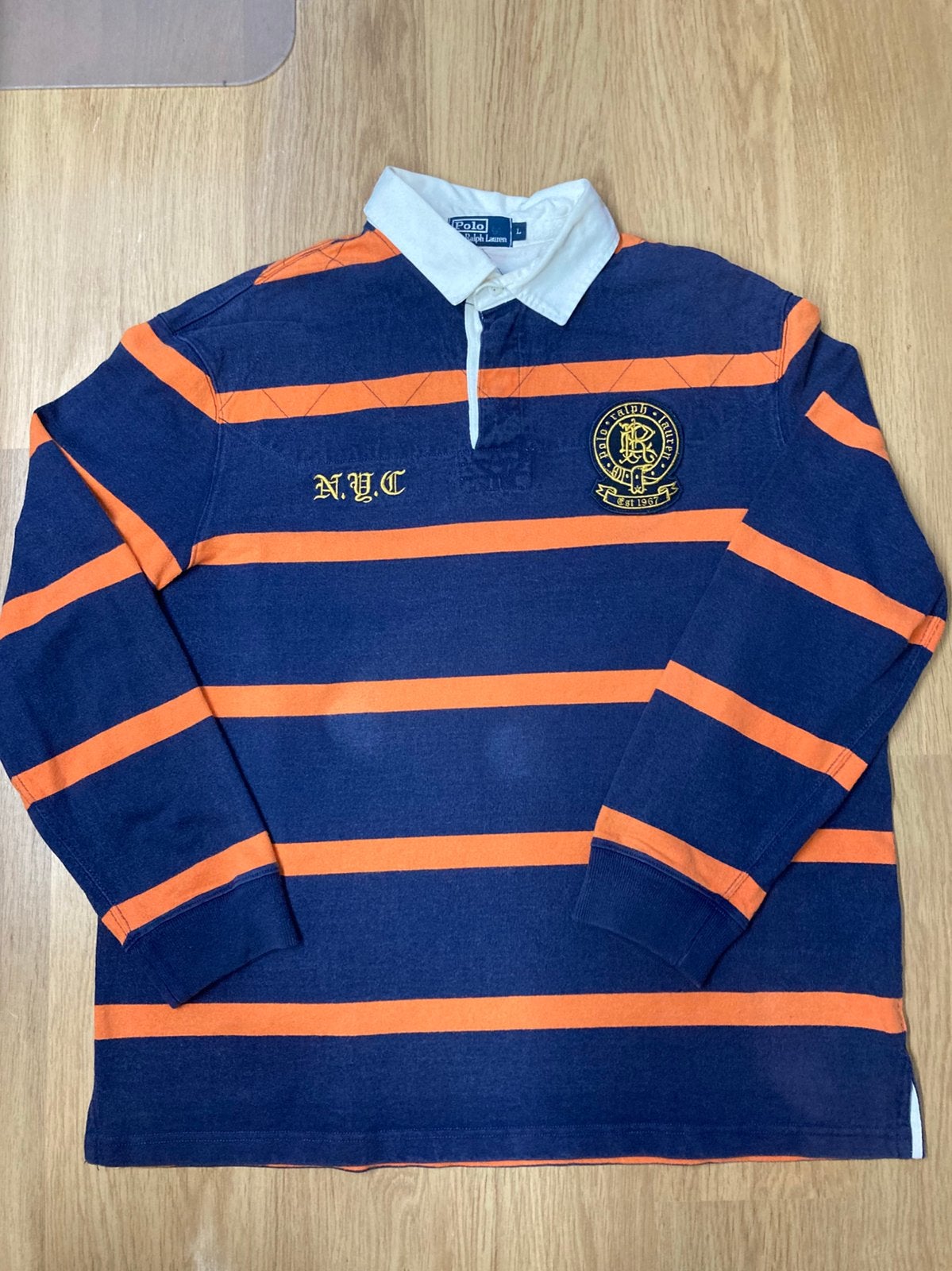 Vintage Ralph Lauren 90s Striped Rugby Shirt Navy Orange - L, RALPH LAUREN, Blauw, Maat 56/58 (XL), Ophalen of Verzenden
