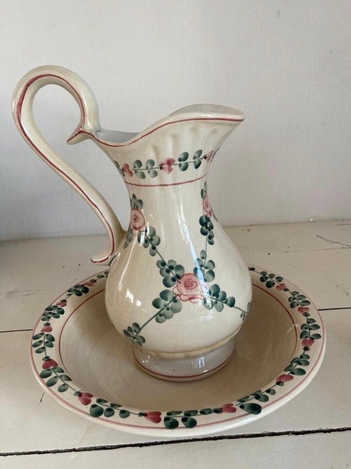Vintage lampetkan en schaal met rozenmotief, Ophalen of Verzenden