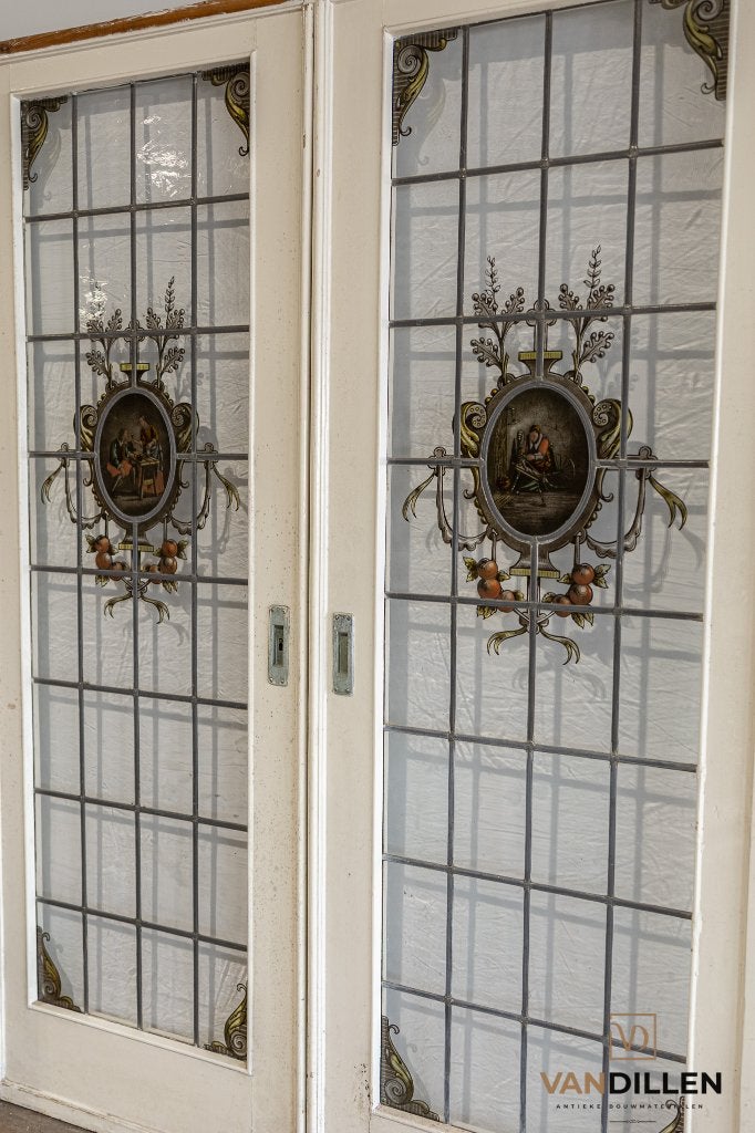 Antieke ensuite deuren glas in lood gebrandschilderd UNIEK!, 120 cm of meer, Binnendeur, Ophalen of Verzenden, Zo goed als nieuw