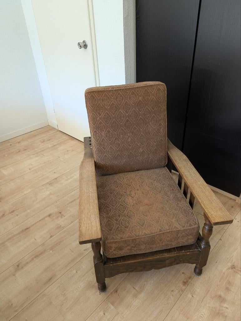 Vintage rookstoel / fauteuil, verstelbare rugleuning, Ophalen, Gebruikt, 75 tot 100 cm, Stof