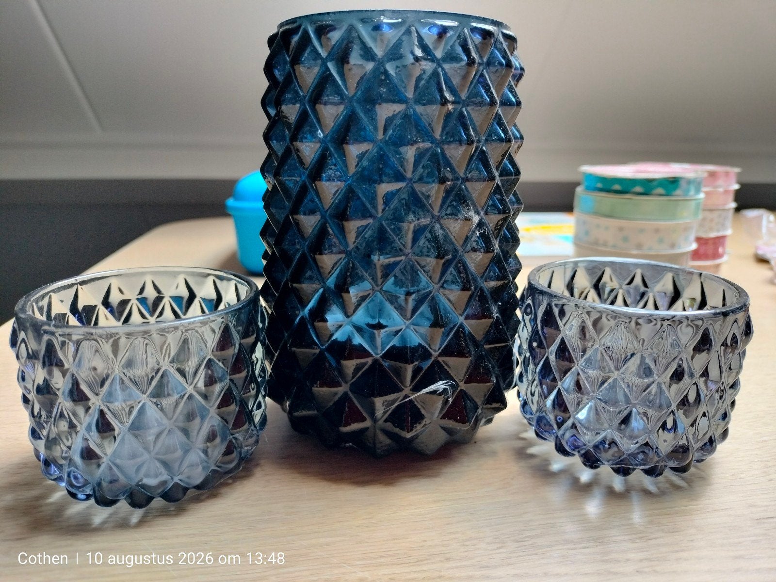 Set van 3 blauwe glazen waxinelichthouders/windlichten, Blauw, Waxinelichthouder, Ophalen of Verzenden, Glas