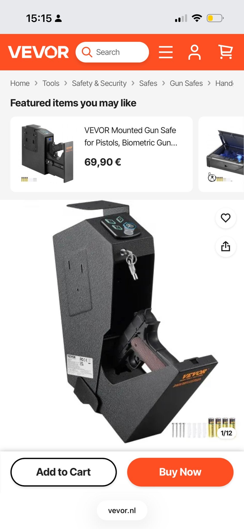 Vevor Pistool Kluis met Vingerafdruk - Biometrische Wapenklu, Huis en Inrichting, Ophalen of Verzenden, Nieuw, Brandkast