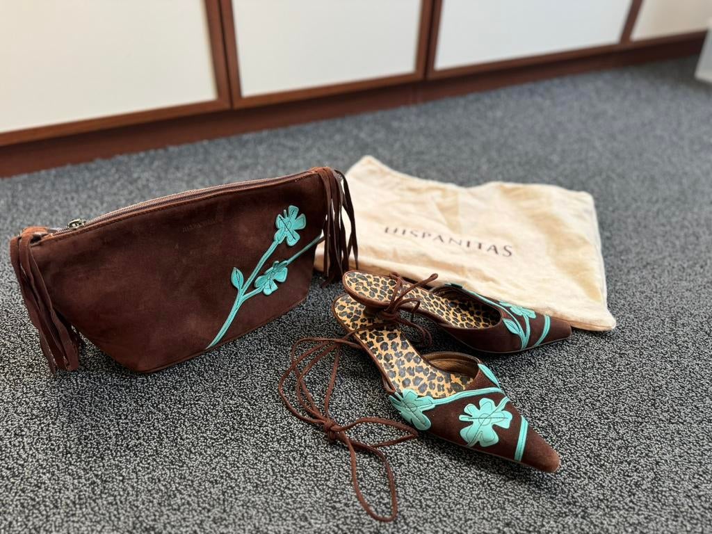 Hispanitas set bruine met turquoise schoenen maat 36 + Tas, Bruin, Zo goed als nieuw, Sandalen of Muiltjes, Ophalen of Verzenden