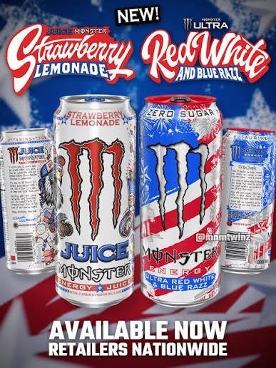 MONSTER ENERGY - RED WHITE BLUE RAZZ & STRAWBERRY LEMONADE, Diversen, Ophalen of Verzenden