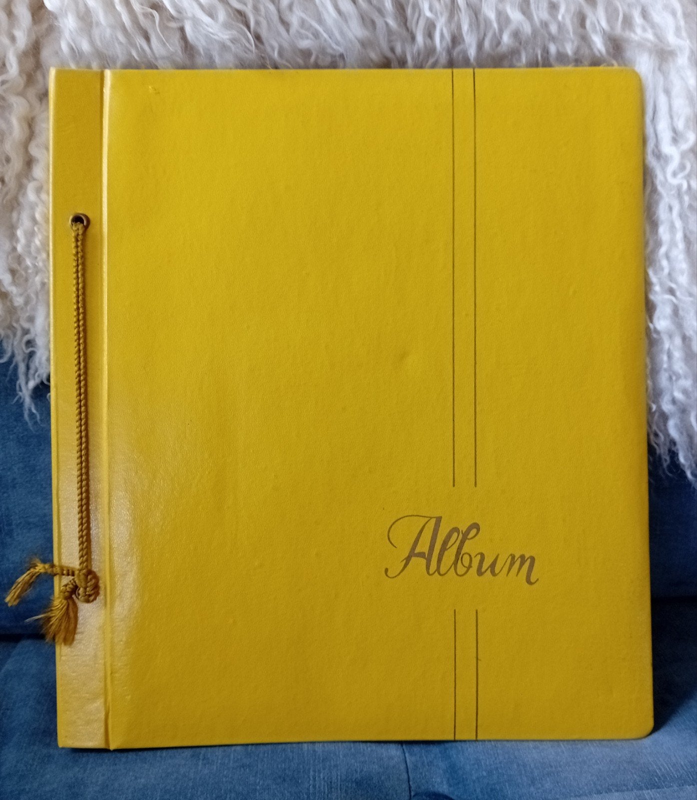 vintage geel Ansichtkaarten Album met goudkleurig koord, Verzamelen, Ansichtkaarten | Nederland, Ophalen of Verzenden, 1960 tot 1980