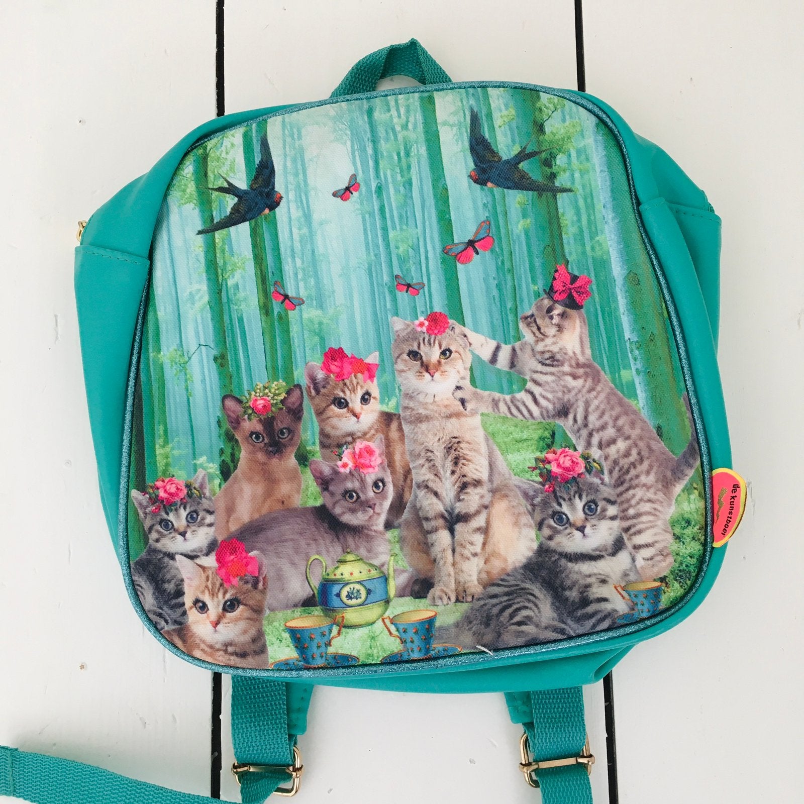 Turquoise kinderrugzak / rugtas  ‘de Kunstboer’ met poezen, Sieraden, Tassen en Uiterlijk, Tassen | Rugtassen, Overige merken