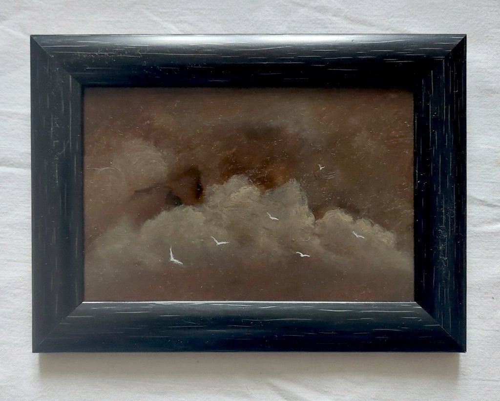 Schilderijtje van Wolkenlucht met Meeuwen - Olieverf, Paneel, Ophalen of Verzenden, Gedateerd, Landschap
