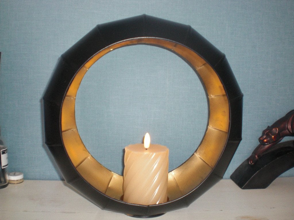 metalen ronde kandelaar met kaars, Gebruikt, Ophalen of Verzenden, Metaal, Kaars
