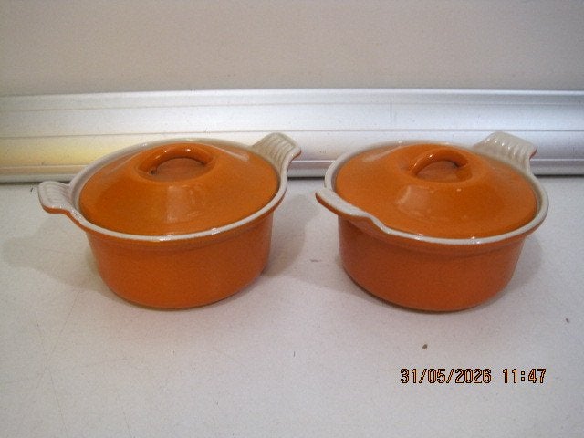 le creuset ovenpannetjes 2 stuks 14 cm dia (393), Ophalen of Verzenden, Gebruikt, Gietijzer, Overige typen