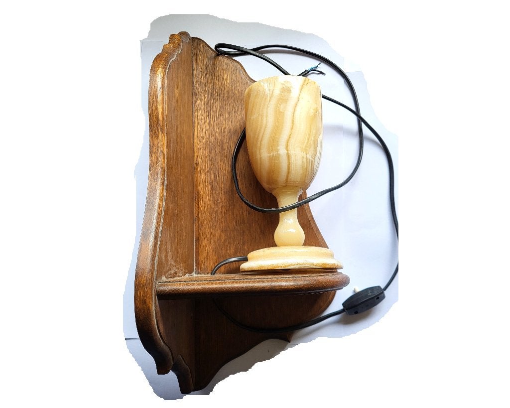 Onyx Kelklamp op Eikenhouten Wandplank. Antiek Vintage, Ophalen of Verzenden