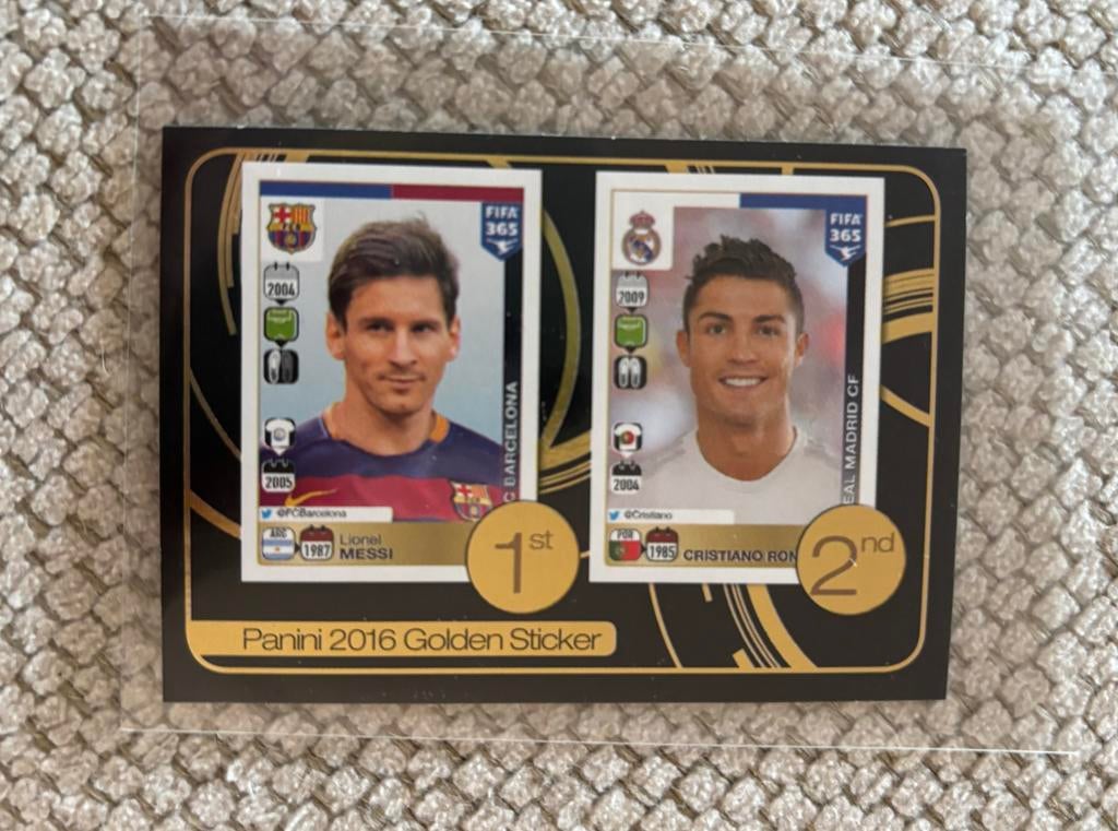 Panini FIFA 365 2016 Golden Sticker Messi Ronaldo, Ophalen of Verzenden, Zo goed als nieuw