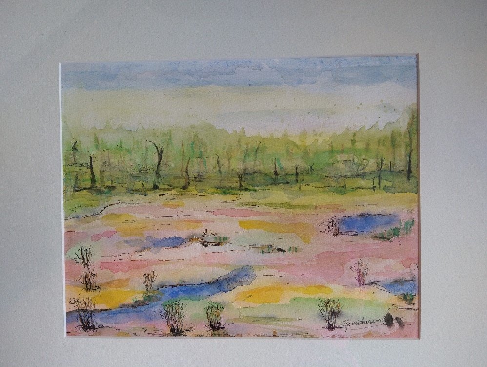 Aquarel abstract landschap ingelijst gesigneerd, Landschap, Aquarel, Passe-partout, Papier/karton
