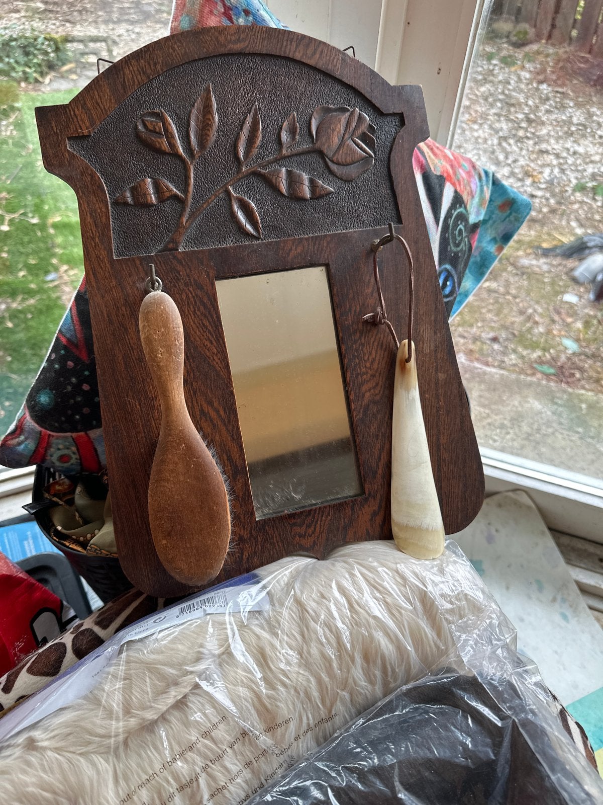 Vintage houten kapstok met spiegel en schoenlepel, Ophalen