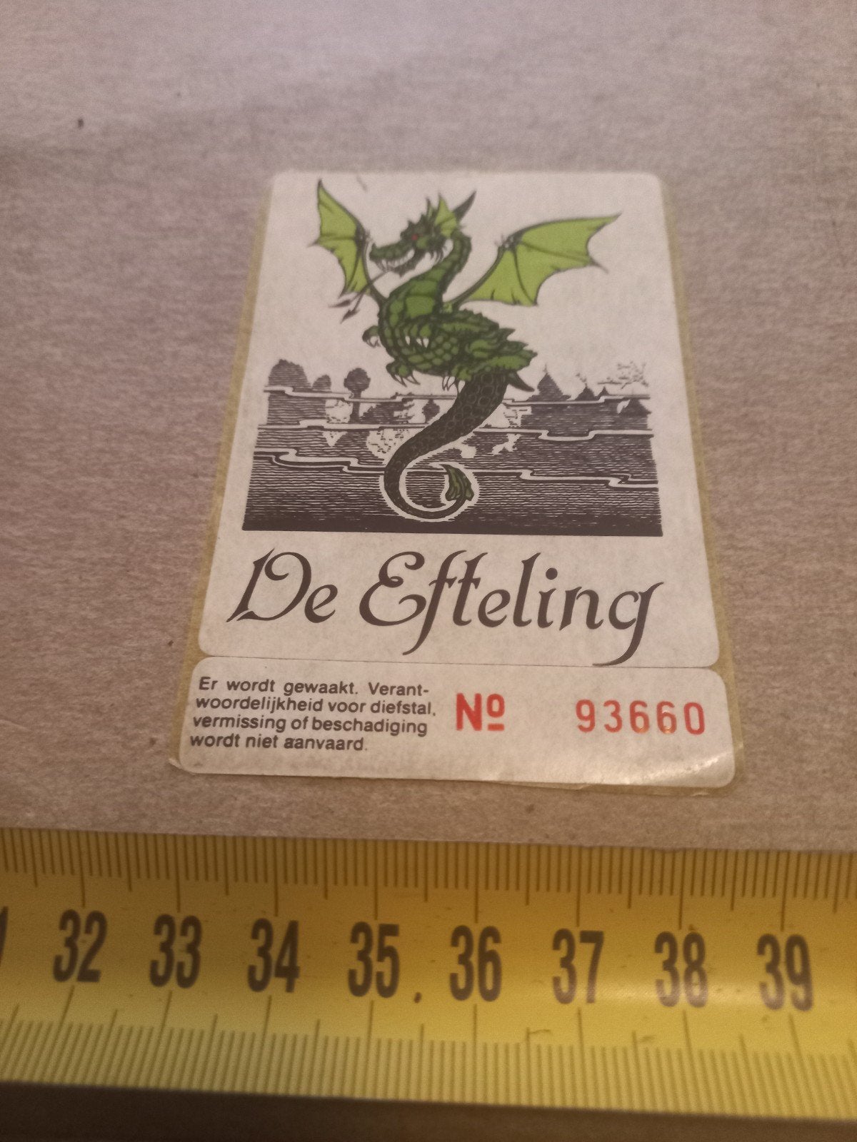 Vintage Efteling Draak parkeerkaart/sticker - Nummer 93660, Ophalen of Verzenden, Gebruikt, Overige typen