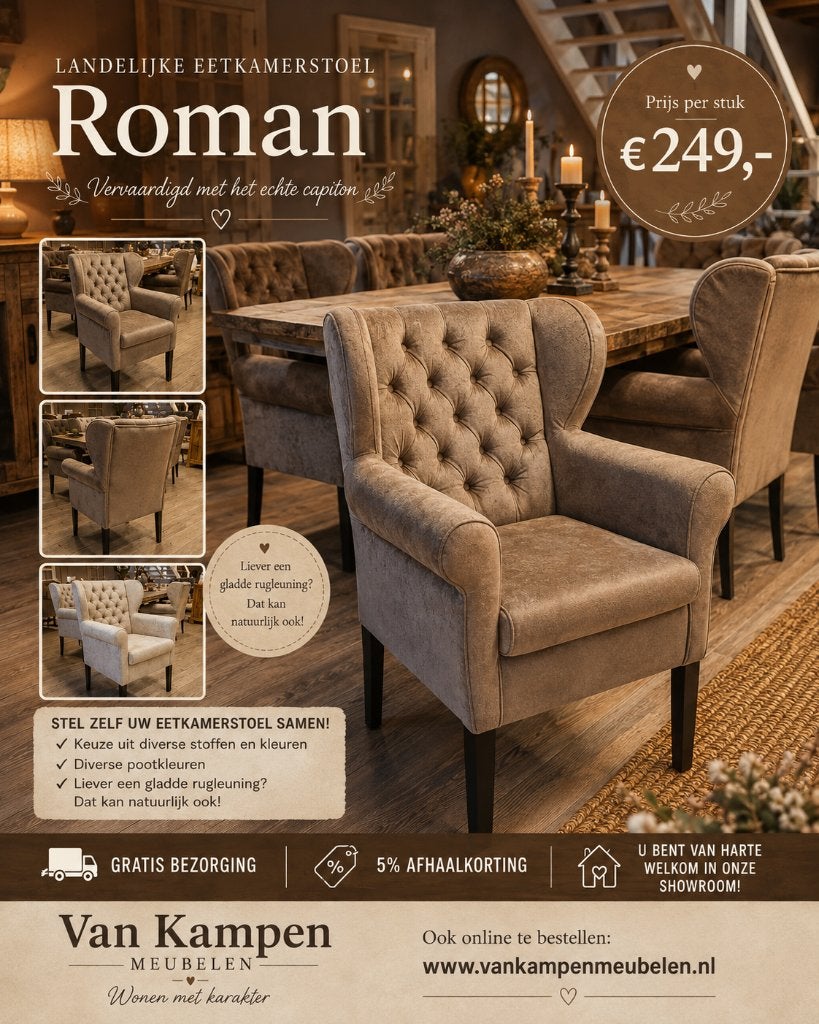 *ACTIE* Landelijke Eetkamerstoel Roman Stel Zelf Samen (11), Huis en Inrichting, Stoelen, Overige kleuren, Landelijke eetkamerstoelen stoelen capiton stof velvet velours
