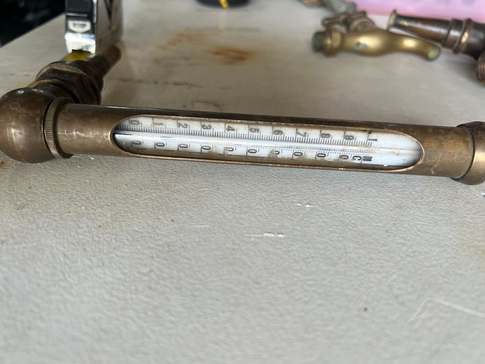 Antieke messing thermometer behuizing met thermometer, Ophalen of Verzenden