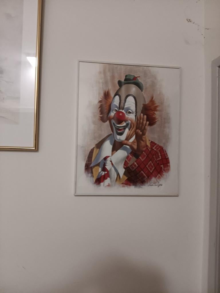 Twee vrolijke clown schilderijen/prints, Ophalen of Verzenden