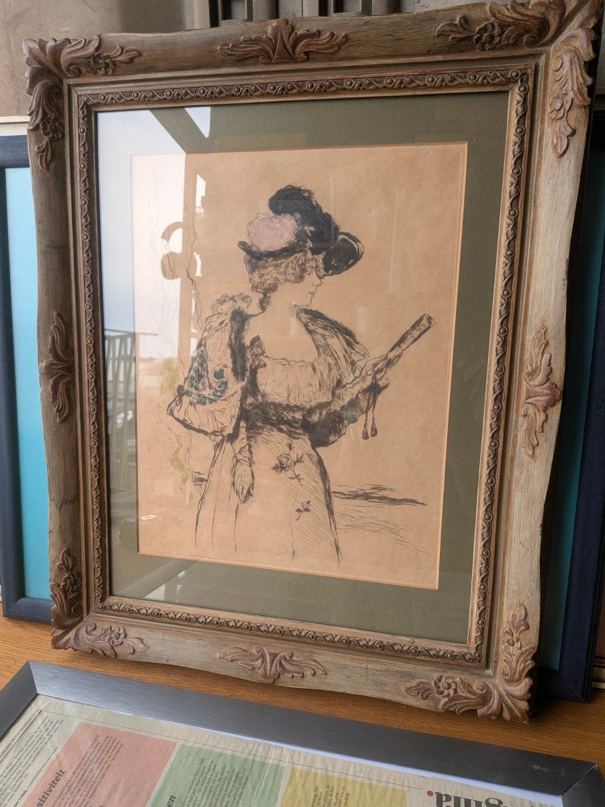 Louis Icart Ets: Elegante Dame met Hoed, ingelijst, Ingelijst, Ets, Portret, Ophalen of Verzenden