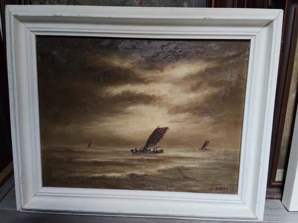 Maritiem Schilderij: Schepen op woelige zee, gesigneerd, Ophalen of Verzenden